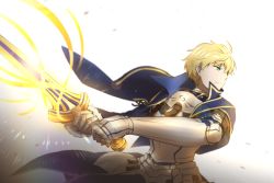 Rule 34 | 1boy, armor, armored dress, arthur pendragon (fate), blonde hair, blue cape, blue dress, breastplate, cape, chiutina, dress, excalibur (fate/stay night), excalibur (fate/prototype), fate/grand order, fate/prototype, fate (series), faulds, gauntlets, glowing, glowing sword, glowing weapon, greaves, green eyes, hair between eyes, holding, holding sword, holding weapon, looking to the side, male focus, pauldrons, short hair, shoulder armor, simple background, solo, sword, weapon, white background