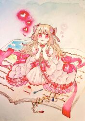 Rule 34 | 1girl, blonde hair, book, chaos marie (grimms notes), dress, fork, frills, gradient hair, grimms notes, hair ribbon, heart, heart-shaped pupils, heart hands, jewelry, long hair, m starff, multicolored hair, pendant, pink eyes, puffy short sleeves, puffy sleeves, ribbon, short sleeves, sitting, smile, solo, symbol-shaped pupils, wings