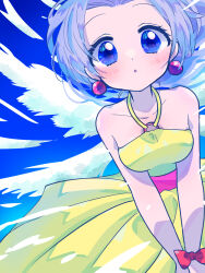 Rule 34 | 1girl, bare shoulders, blue eyes, blue sky, blush, bow, cloud, collarbone, dress, earrings, eyelashes, highres, jewelry, leaning forward, moe (pop&#039;n music), parted hair, parted lips, pop&#039;n music, purple hair, red bow, rozimechicka 01, sky, solo, sparkling eyes, wrist bow, yellow dress