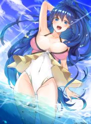Rule 34 | 1girl, alternate costume, arm behind head, armpits, bare shoulders, blue eyes, blue hair, blue sky, blush, braid, breasts, cleavage, cloud, collarbone, commentary, day, fire emblem, fire emblem: the sacred stones, fire emblem heroes, highres, large breasts, light, long hair, looking at viewer, nekolook, nintendo, open mouth, partially submerged, ponytail, side braid, sky, solo, swimsuit, tana (fire emblem), tana (summer) (fire emblem), thighs, twin braids, wading, water drop