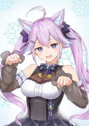 Rule 34 | 1girl, ahoge, animal ear fluff, animal ears, bare shoulders, black sleeves, blue eyes, bow, breasts, cat ears, cat girl, cleavage, clenched hand, commentary, curled fingers, detached sleeves, extra ears, frilled sleeves, frills, hair between eyes, hair ornament, hair ribbon, highres, long sleeves, looking at viewer, medium breasts, multicolored hair, nijisanji, nijisanji kr, nun bora, nun bora (3rd costume), open mouth, paw pose, pleated skirt, purple eyes, purple hair, ribbon, sidelocks, simple background, skirt, snowflakes, solo, streaked hair, teeth, twintails, two-tone hair, upper body, upper teeth only, virtual youtuber, white background, white hair, yuu maraa