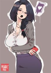 Rule 34 | 1girl, artist name, black hair, blush, braid, braided ponytail, breasts, cardigan, cellphone, cleavage, collared shirt, cowboy shot, curvy, facing viewer, glasses, grey background, grey jacket, grey nails, hair over shoulder, heart, highres, jacket, jewelry, large breasts, long hair, looking at viewer, mole, nail polish, necklace, norman maggot, office lady, original, outline, pencil skirt, phone, purple eyes, purple skirt, shirt, simple background, skirt, smartphone, solo, spoken heart, standing, stephanie (norman maggot), white outline