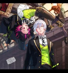 Rule 34 | 2boys, ahoge, black footwear, black gloves, black jacket, black pants, blurry, buttons, collared shirt, depth of field, double-breasted, eye contact, flying, gloves, gold trim, green vest, grey hair, hair between eyes, hand on own hip, high heels, indoors, jacket, jacket on shoulders, letterboxed, lilia vanrouge, loafers, looking at another, multicolored hair, multiple boys, necktie, night raven college uniform, ohhhhhhtsu, open clothes, open jacket, open mouth, pants, picture frame, pointy ears, purple hair, purple socks, red eyes, shirt, shoe soles, shoes, sideways glance, silver (twisted wonderland), smile, socks, striped necktie, twisted wonderland, twitter username, two-tone hair, upside-down, vest, white hair, white shirt