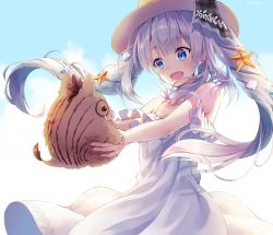 Rule 34 | 1girl, artist name, blue eyes, blush, clam shell, collarbone, fate/grand order, fate (series), hair ornament, hat, long hair, looking away, marie antoinette (fate), marie antoinette (swimsuit caster) (second ascension) (fate), nonono (nononotea), open mouth, silver hair, smile, starfish, starfish hair ornament, twintails