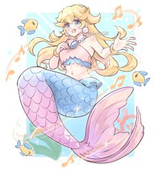 Rule 34 | 1girl, bare shoulders, bikini, bikini top only, blonde hair, blue background, blue eyes, blue gemstone, blue scales, blue tail, border, commentary request, coral, earrings, eyelashes, fish, full body, gem, gold bracelet, gradient tail, hand on own chest, highres, jewelry, konata w1225, long hair, looking at viewer, mario (series), mermaid, mermaid peach, midriff, monster girl, musical note, navel, necklace, nintendo, open mouth, outside border, outstretched arm, pearl earrings, pearl necklace, pink bikini, pink scales, pink tail, princess peach, princess peach: showtime!, seaweed, shoulder blush, sitting, smile, solo, sparkle, sphere earrings, swimsuit, twitter username, underwater, white border