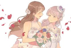 Rule 34 | 2girls, bad id, bad twitter id, bang dream!, blue flower, blue rose, bouquet, braid, brooch, brown eyes, brown hair, closed eyes, crying, dress, earrings, female focus, flower, gem, grey hair, hair flower, hair ornament, happy tears, imai lisa, jewelry, long hair, looking at another, minato yukina, multiple girls, necklace, open mouth, pearl (gemstone), pearl necklace, petals, purple flower, purple rose, red flower, red rose, res2shuu, rose, simple background, sleeveless, sleeveless dress, smile, tears, upper body, wedding dress, white background, white dress, white flower, white rose, wife and wife, yellow flower, yellow rose, yuri