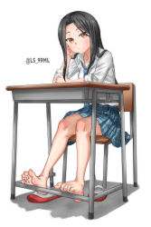 Rule 34 | 1girl, absurdres, black hair, brown eyes, desk, feet, highres, long hair, original, school desk, sitting, skirt, soles, solo, toes, tsukimaru (ls 99ml)