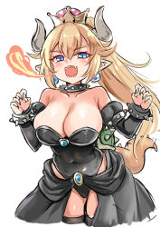 Rule 34 | 1girl, :d, armlet, bare shoulders, black leotard, black nails, black thighhighs, blonde hair, blue eyes, bowsette, bracelet, breasts, breath weapon, breathing fire, cleavage, collar, collarbone, cowboy shot, crown, detached sleeves, earrings, fingernails, fire, gluteal fold, groin, hands up, highleg, highleg leotard, horns, jewelry, juliet sleeves, large breasts, leotard, long hair, long sleeves, mario (series), mini crown, nail polish, new super mario bros. u deluxe, nintendo, open mouth, pointy ears, ponytail, puffy sleeves, sharp teeth, simple background, smile, solo, spiked armlet, spiked bracelet, spiked collar, spiked shell, spiked tail, spikes, strapless, strapless leotard, super crown, tail, teeth, thighhighs, turtle shell, unname, v-shaped eyebrows, very long hair, white background