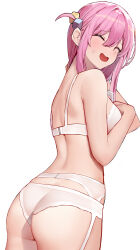 Rule 34 | 1girl, absurdres, ass, back, bocchi the rock!, bra, breasts, chinese commentary, closed eyes, cube hair ornament, garter belt, gotoh hitori, hair ornament, highres, large breasts, liwen520, long hair, looking back, open mouth, panties, pink hair, side ahoge, simple background, solo, underwear, white background, white bra, white garter belt, white panties