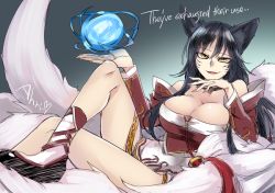 Rule 34 | 1girl, ahri (league of legends), animal ears, bare shoulders, black hair, breasts, bursting breasts, cleavage, detached sleeves, english text, facial mark, female focus, fox ears, fox tail, kaida michi, korean clothes, large breasts, league of legends, legs, crossed legs, long hair, looking at viewer, multiple tails, smile, solo, tail, thighs, whisker markings, yellow eyes