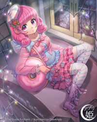 Rule 34 | 1girl, boots, bow, bowtie, buttons, christmas lights, collarbone, cross-laced footwear, dawkinsia, dessert, doughnut, food, food-themed hair ornament, fruit, full body, hair ornament, hairclip, hat, lights, long sleeves, looking at viewer, original, pink bow, pink footwear, pink hair, purple eyes, ribbon, short hair, sitting, skirt, solo, strawberry, strawberry hair ornament, sweater, sweets, thighhighs, unbuttoned, window, zettai ryouiki