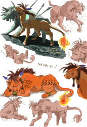 Rule 34 | animal, arrow in body, body markings, bracer, character name, crossed arms, earrings, facial mark, father and son, feather hair ornament, feathers, final fantasy, final fantasy vii, flame-tipped tail, full body, hair ornament, howling, jewelry, matsuri6373, multiple views, open mouth, orange eyes, orange fur, petrification, red hair, red xiii, seto (ff7), sidelocks, white background