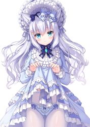 Rule 34 | 1girl, animal ear fluff, animal ears, blue bow, blue dress, blue eyes, blue panties, blush, bonnet, bow, bow panties, closed mouth, clothes lift, commission, dress, dress lift, frilled bow, frilled dress, frilled panties, frills, gluteal fold, grey hair, hair between eyes, hair bow, highres, lifting own clothes, lolita fashion, noripro, panties, panties under pantyhose, pantyhose, pixiv commission, sacraneco, shirayuki mishiro, smile, solo, underwear, virtual youtuber, white headwear, white pantyhose