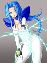 Rule 34 | 1girl, armor, artist request, blue eyes, blue hair, bodysuit, breasts, chris ryan, cleavage, electricity, gloves, grey background, leaning, leaning forward, long hair, looking at viewer, open mouth, parted lips, pauldrons, ponytail, psychic force, shoulder armor, simple background, smile, solo, taito, very long hair
