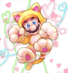 Rule 34 | 1boy, animal hands, blue eyes, cat mario, cat paws, co co mg, facial hair, heart, highres, looking at viewer, mario, mario (series), mustache, nintendo, simple background, super bell (transformation), super mario 3d world, yarn