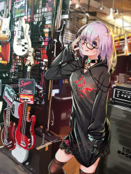 Rule 34 | 1girl, alternate costume, bass guitar, black dress, black legwear, bracelet, chain, chain necklace, choker, commentary request, dress, electric guitar, fate/grand order, fate (series), glasses, guitar, hair over one eye, harutoshi, highres, hood, hooded jacket, instrument, jacket, jewelry, light purple hair, logo, mash kyrielight, necklace, purple eyes, purple hair, shop, short hair, tongue, tongue out