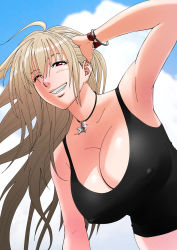 Rule 34 | 1girl, ahoge, arm support, arm up, bare arms, bare shoulders, blush, bracelet, breasts, cleavage, clenched teeth, cloud, covered erect nipples, female focus, from below, grin, hair between eyes, hand on head, happy, highres, jewelry, large breasts, light brown hair, long hair, looking at viewer, midriff, neck, necklace, one eye closed, red eyes, shiny skin, sky, smile, solo, star (symbol), star necklace, tank top, tatsunami youtoku, teeth, upper body, wink