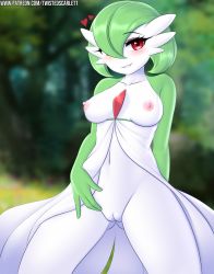 Rule 34 | 1girl, artist name, blurry, blurry background, blush, breasts, cleft of venus, collarbone, colored skin, cowboy shot, creatures (company), day, female focus, furry, game freak, gardevoir, gen 3 pokemon, gluteal fold, grass, green background, green hair, green skin, hair over one eye, happy, heart, highres, looking at viewer, medium breasts, multicolored skin, navel, nintendo, nipples, outdoors, parted lips, patreon username, pokemon, pokemon (creature), presenting, pussy, red eyes, short hair, smile, solo, spread legs, standing, stomach, teeth, tree, twistedscarlett60, two-tone skin, uncensored, watermark, web address, white skin
