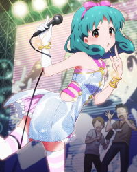 Rule 34 | 10s, 1girl, 2boys, :o, blush, bow, bracelet, brown eyes, card (medium), failure, green hair, hair bow, idolmaster, idolmaster million live!, jewelry, lens flare, looking at viewer, lots of jewelry, million dreams (idolmaster), multiple boys, official art, stage, stage lights, thighhighs, tokugawa matsuri