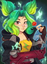 Rule 34 | absurdres, bandaid, bandaid on face, black jacket, brown eyes, brown gloves, candy, donutinha, electricity, fingerless gloves, food, freckles, gloves, green hair, gun, highres, holding, holding candy, holding food, holding lollipop, jacket, league of legends, lightning bolt symbol, lollipop, open clothes, open jacket, parted bangs, smoke, smoking barrel, tank top, twintails, weapon, yellow tank top, zeri (league of legends)