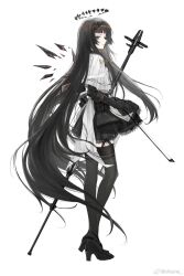Rule 34 | 1girl, absurdly long hair, ahoge, arknights, artist name, black eyes, black footwear, black garter straps, black gloves, black hair, black halo, black pouch, black skirt, black sleeves, black thighhighs, black wings, blunt bangs, bow (music), broken halo, cello, chinese commentary, closed mouth, commentary request, dark halo, detached wings, energy wings, expressionless, eyelashes, from side, full body, garter straps, gloves, halo, hand up, heel up, high heels, highres, hime cut, holding, holding bow (music), holding instrument, holding violin, instrument, invisible floor, jacket, long hair, long sleeves, looking to the side, miniskirt, ohone, pale skin, pleated skirt, pouch, short-sleeved jacket, short sleeves, sidelocks, sideways glance, simple background, skirt, solo, standing, strappy heels, thighhighs, thighs, very long hair, violin, virtuosa (arknights), watermark, weibo logo, weibo watermark, white background, white jacket, wide sleeves, wings, zettai ryouiki