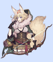 Rule 34 | 1girl, animal ear fluff, animal ears, belt, black gloves, blonde hair, blue background, bow, bow (weapon), breasts, brown thighhighs, cleavage, cloak, cropped legs, fangs, fantasy, fingerless gloves, fur collar, gloves, hair between eyes, holding, holding bow (weapon), holding weapon, hood, hood down, hooded cloak, lace, lace-trimmed legwear, lace trim, large breasts, looking to the side, ni02 (asahi nini), original, parted lips, purple eyes, quiver, short hair, simple background, solo, tail, thighhighs, wavy hair, weapon