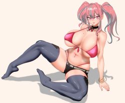 Rule 34 | 1girl, arm support, azur lane, bare shoulders, beige background, belt, bikini, black choker, black shorts, bracelet, breasts, breasts apart, bremerton (azur lane), choker, cleavage, collarbone, commentary, cutoffs, eyebrows hidden by hair, front-tie bikini top, front-tie top, full body, grey belt, grey hair, grey thighhighs, hair between eyes, hair intakes, highleg, highleg bikini, highres, huge breasts, jewelry, lifebuoy, long hair, looking at viewer, midriff, mole, mole on breast, mole under eye, multicolored hair, nail polish, navel, navel piercing, no eyewear, no jacket, no shirt, no shoes, parted lips, piercing, pink bikini, pink eyes, pink hair, pink nails, shadow, short shorts, shorts, shoubon, sidelocks, simple background, sitting, skindentation, smile, solo, streaked hair, swim ring, swimsuit, thighhighs, twintails, two-tone hair, two-tone legwear