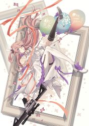 Rule 34 | 1girl, ar-15, asymmetrical legwear, balloon, breasts, choker, commentary, dress, finger to mouth, full body, girls&#039; frontline, gun, hair ornament, hairclip, high heels, highres, holding, holding gun, holding weapon, long hair, looking at viewer, multicolored clothes, multicolored legwear, official alternate costume, pink hair, purple choker, purple eyes, rabb horn, rifle, shushing, side ponytail, small breasts, solo, st ar-15 (girls&#039; frontline), st ar-15 (top hat drifting to the flowers) (girls&#039; frontline), thank you, weapon, white dress, white footwear