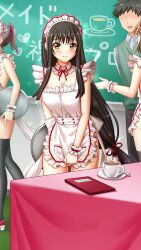 Rule 34 | 1boy, 3girls, apron, apron tug, black hair, blush, breasts, chalkboard, classroom, cleavage, closed mouth, collar, collarbone, detached collar, doukyuusei, doukyuusei another world, embarrassed, frilled collar, frills, game cg, head out of frame, holding, holding plate, indoors, large breasts, long hair, looking at viewer, low-tied long hair, maid cafe, maid headdress, multiple girls, naked apron, neck ribbon, plate, red ribbon, ribbon, solo focus, thigh gap, todo aoi, very long hair, white apron, wing collar, wrist cuffs, yellow eyes