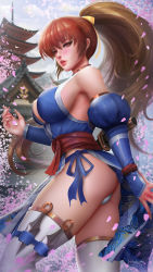 Rule 34 | 1girl, arm guards, ass, bare shoulders, blue kimono, blush, breasts, brown hair, day, dead or alive, detached sleeves, hair ribbon, high ponytail, highres, japanese clothes, kasumi (doa), kimono, kunai, large breasts, long hair, long sleeves, looking at viewer, orange hair, outdoors, pagoda, panties, parted lips, petals, pink lips, red eyes, revealing clothes, ribbon, sheath, sheathed, sideboob, signature, solo, spring (season), standing, sword, tecmo, thighhighs, turewindwalker, two-tone background, underwear, very long hair, weapon, white panties, white thighhighs, yellow ribbon