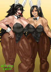 Rule 34 | 2girls, animal ears, artist name, bare shoulders, black leotard, breasts, cleavage, commission, detached collar, fake animal ears, gloves, grin, hand on own hip, highres, large breasts, leotard, lip piercing, lip ring, long hair, looking at viewer, multiple girls, muscular, muscular female, original, pantyhose, parted lips, piercing, playboy bunny, rabbit ears, shosho oekaki, smile, standing, strapless, strapless leotard, teeth, thick thighs, thighs, tongue, tongue out, wide hips