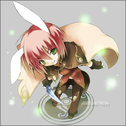 Rule 34 | animal ears, bunny girl, cape, dagger, from above, game, gloves, green eyes, knife, lowres, pink hair, rabbit ears, ragnarok online, short hair, solo, sword, tongue, weapon, wizard, wizard (ragnarok online)