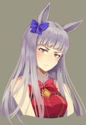 Rule 34 | 1girl, animal ears, bare shoulders, blush, bow, bowtie, breasts, closed mouth, cropped torso, dress, ear bow, frown, gold ship (umamusume), highres, horse ears, long hair, looking at viewer, pink eyes, purple hair, red dress, shiro3necro, simple background, sleeveless, sleeveless dress, small breasts, solo, umamusume, upper body