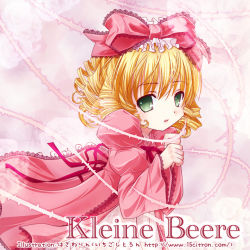 Rule 34 | 00s, 15citron, 1girl, blonde hair, blush, bow, dress, german text, green eyes, hair bow, hinaichigo, long sleeves, looking at viewer, pink bow, pink dress, rozen maiden, solo, text focus, upper body