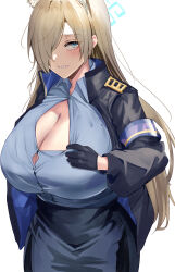 Rule 34 | 1girl, absurdres, animal ear fluff, animal ears, armband, black gloves, black jacket, blonde hair, blue archive, blue eyes, blue shirt, blue skirt, blush, breasts, cleavage, clenched teeth, clothes pull, gloves, halo, highres, huge breasts, jacket, kanna (blue archive), long hair, looking at viewer, namazu (yamasonson), police, police uniform, shirt, shirt pull, simple background, skirt, solo, teeth, uniform, upper body, white background