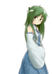 Rule 34 | 1girl, blue skirt, blush, breasts, closed mouth, collared shirt, commentary, cookie (touhou), cowboy shot, cross, detached sleeves, facepaint, frog hair ornament, green eyes, green hair, hair ornament, highres, kochiya sanae, long hair, looking at viewer, medium breasts, paseri (cookie), shirt, simple background, skirt, sleeveless, sleeveless shirt, smile, solo, touhou, white background, white shirt, yumekamaborosh