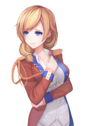 Rule 34 | 1girl, aiguillette, bad id, bad pixiv id, blonde hair, blue eyes, breasts, catsmoon, closed mouth, collared shirt, epaulettes, eyebrows, eyelashes, hair over shoulder, highres, jacket, large breasts, long sleeves, looking away, low ponytail, rodney (warship girls r), shirt, simple background, solo, swept bangs, tears, upper body, warship girls r, white background, white shirt