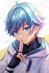 Rule 34 | 1boy, ahoge, black gloves, blue eyes, blue hair, chongyun (genshin impact), finger to mouth, fingerless gloves, frown, genshin impact, gloves, highres, long sleeves, looking at viewer, male focus, nixtutyannh, short hair, solo, upper body, white background
