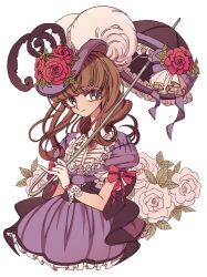 Rule 34 | 1girl, blue eyes, bow, brown hair, closed mouth, cropped legs, dress, flower, frilled umbrella, frills, gloves, hat, hat feather, hat flower, holding, holding umbrella, long hair, looking at viewer, meremero, original, parasol, puffy short sleeves, puffy sleeves, purple dress, purple hat, red bow, red flower, red rose, rose, short sleeves, smile, solo, standing, umbrella, white background, white flower, white gloves, white rose