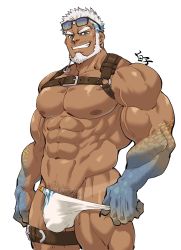 Rule 34 | 1boy, abs, aegir (housamo), anchor earrings, aqua hair, bara, bare pectorals, beard, blue eyes, bulge, chest harness, clothes pull, come hither, dark-skinned male, dark skin, earrings, eyewear on head, facial hair, feet out of frame, fingernails, fins, fish boy, harness, highres, jewelry, large pectorals, leather, male focus, male pubic hair, male swimwear, mature male, multicolored hair, muscular, muscular male, navel, nipples, one-piece swimsuit pull, pectorals, pubic hair, pulled by self, seductive smile, sharp fingernails, shirako (kirupi), short hair, single earring, skindentation, smile, solo, stomach, streaked hair, sunglasses, swim briefs, tan, tanline, thick thighs, thighs, tokyo houkago summoners, white hair, white male swimwear