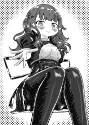 Rule 34 | 1girl, absurdres, ao daidai ki, arm at side, assault lily, blunt bangs, blush, breasts, buttons, closed mouth, commentary request, cropped jacket, feet out of frame, from below, greyscale, halftone, halftone background, hand up, high-waist skirt, highres, invisible chair, juliet sleeves, kaede johan nouvel, knees together feet apart, long hair, long sleeves, looking at viewer, medium breasts, miniskirt, monochrome, neck ribbon, outstretched arm, pantyhose, puffy sleeves, ribbon, school uniform, shirt, sidelocks, sitting, skirt, smile, solo, wavy hair, white background, yurigaoka girls academy school uniform