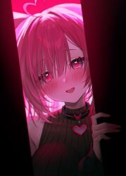 Rule 34 | 1girl, ahoge, backlighting, bare shoulders, black choker, black shirt, blush, breasts, bright pupils, choker, chromatic aberration, commission, fymrie, grey eyes, hair between eyes, heart, heart ahoge, highres, large breasts, long sleeves, looking at viewer, open mouth, original, pink hair, ribbed shirt, shirt, sleeveless, sleeveless shirt, smile, solo, upper body