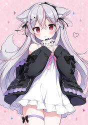 Rule 34 | 1girl, :3, animal ear fluff, animal ears, black jacket, blush, closed mouth, commentary request, commission, dress, grey hair, hair between eyes, hands up, heart, highres, holding, izuminanase, jacket, long hair, long sleeves, looking at viewer, multicolored hair, off shoulder, open clothes, open jacket, original, own hands together, pink background, pixiv commission, puffy long sleeves, puffy sleeves, red eyes, red hair, skindentation, sleeveless, sleeveless dress, sleeves past wrists, solo, streaked hair, tail, thigh strap, very long hair, white dress