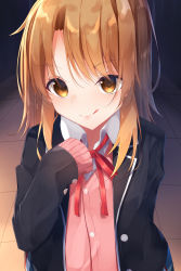 Rule 34 | 1girl, :q, absurdres, black jacket, blazer, blush, brown eyes, brown hair, cardigan, closed mouth, collared shirt, commentary request, highres, isshiki iroha, jacket, long hair, long sleeves, neck ribbon, open clothes, open jacket, parted bangs, pink cardigan, red ribbon, ribbon, school uniform, shirt, sleeves past fingers, sleeves past wrists, smile, solo, suisen-21, tongue, tongue out, upper body, v-shaped eyebrows, white shirt, yahari ore no seishun lovecome wa machigatteiru.