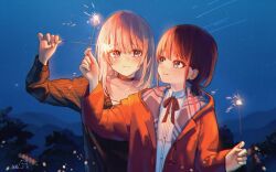 Rule 34 | 2girls, absurdres, black choker, black sweater, blue eyes, blush, brown hair, chinese commentary, choker, closed mouth, collarbone, collared shirt, commentary request, dress shirt, film grain, girls band cry, grey eyes, grey hair, highres, holding, holding fireworks, iseri nina, jacket, kawaragi momoka, long hair, long sleeves, low twintails, making-of available, multiple girls, neck ribbon, night, night sky, open clothes, open jacket, outdoors, red jacket, red ribbon, ribbon, shirt, shooting star, short hair, short twintails, signature, sklt (swyt8223), sky, sweater, twintails, upper body, wavy mouth, white shirt