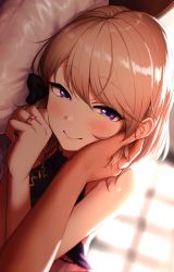 Rule 34 | 1boy, 1girl, aoi tiduru, azur lane, backlighting, bare shoulders, black dress, blush, bow, dress, grabbing another&#039;s ear, hair bow, hand on another&#039;s cheek, hand on another&#039;s ear, hand on another&#039;s face, jewelry, looking at viewer, lying, on bed, on side, ornate ring, pov, purple eyes, ring, short hair, turtleneck, turtleneck dress, wedding dress, wedding ring, z23 (azur lane), z23 (schwarze hochzeit) (azur lane)