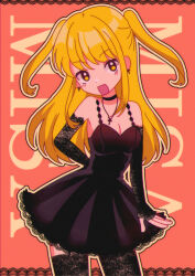 Rule 34 | 1girl, absurdres, amane misa, arm behind back, bare shoulders, black choker, black dress, black sleeves, black thighhighs, blonde hair, breasts, character name, choker, cleavage, cross, cross earrings, cross necklace, death note, dress, earrings, goth fashion, highres, jewelry, lace, lace legwear, lace sleeves, long hair, looking at viewer, medium breasts, necklace, open mouth, outline, red background, smile, solo, tang ben huan dou, text background, thighhighs, two side up, upper body, yellow eyes