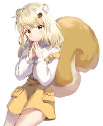 Rule 34 | 1girl, absurdres, acorn, acorn hair ornament, animal ear fluff, animal ears, belt, blonde hair, blush, closed mouth, commentary request, commission, hands up, head tilt, highres, long hair, long sleeves, looking at viewer, off shoulder, original, own hands together, same (samefgo), shirt, shorts, simple background, sitting, solo, squirrel ears, squirrel girl, squirrel tail, tail, upper body, white background, white shirt, yellow belt, yellow eyes, yellow shorts