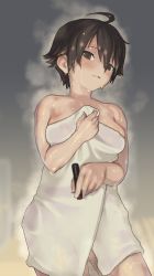 Rule 34 | 1girl, 2equal8, ahoge, bare shoulders, breasts, brown eyes, brown hair, covered erect nipples, dream c club, dream c club (series), highres, holding, looking at viewer, nao (dream c club), open mouth, short hair, simple background, solo, steam, steaming body, towel, wet