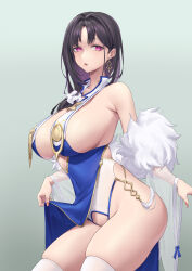 Rule 34 | 1girl, absurdres, azur lane, black hair, blue dress, breast curtains, breasts, chinese clothes, crotchless, dress, earrings, feather boa, from side, grey background, highres, huge breasts, jewelry, long hair, looking at viewer, looking to the side, mizuki3000, mole, mole on crotch, nail polish, pelvic curtain, pink nails, purple eyes, see-through, simple background, skindentation, solo, thighhighs, ting an (azur lane), white thighhighs
